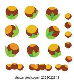 Hazelnuts with leaves, hazelnut nut icon set, color isolated on white background, vector illustration.