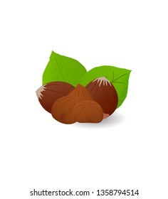 Hazelnuts with leaves isolated on white background. Noise textures modern design