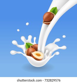 Hazelnuts and Milk splash. Nuts yogurt flow realistic vector
