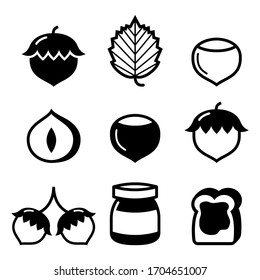 Hazelnuts, nuts - food vector icons set .
 
Nature, healthy food icons - hazelnuts, hazelnut bread spread icons set 
 