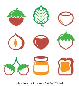 Hazelnuts, nuts - food vector icons set, nature, food color icons - hazelnuts, hazelnut bread spread icons set 
 