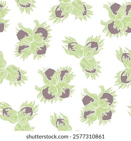 Hazelnuts on white. Seamless vector pattern. Hand drawn illustration. Colored silhouettes. Perfect for design templates, wallpaper, wrapping, fabric, print and textile. Pastel colors.