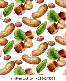 Hazelnuts pattern Vector watercolor. Painted style texture illustrations