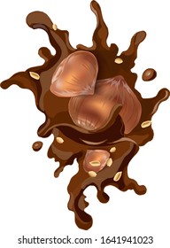 Hazelnuts and peanuts in chocolate spray vector elements