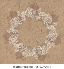 Hazelnuts. Round floral frame. Pre-made design with place for text on kraft paper. Vector template for design packaging, cards and prints. 