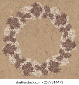 Hazelnuts. Round floral frame. Pre-made design with place for text on kraft paper. Outlines and silhouettes. Vector template for design packaging, cards and prints. 