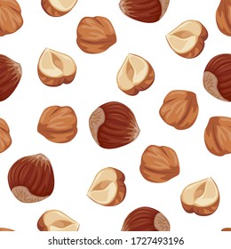 Hazelnuts seamless pattern. Nuts on a white background. Vector illustration of organic food in cartoon flat style.