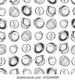 Hazelnuts. Seamless vector pattern. Outline hand drawn illustration.