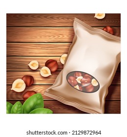 Hazelnuts Snack Creative Promotional Poster Vector. Raw Natural Hazelnuts Blank Bag, Nuts And Leaves On Wooden Surface Advertise Banner. Vitamin Food Style Concept Template Illustration