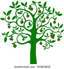 Hazelnuts tree isolated on white. Silhouette. Icon. Sign. Vector Illustration