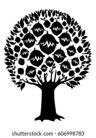 Hazelnuts tree isolated on white. Silhouette. Icon. Sign. Vector Illustration