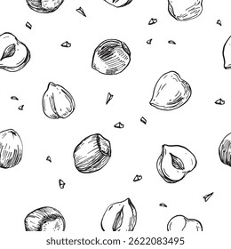 Hazelnuts vector seamless pattern hand drawn with ink . Whole and cut hazelnut kernels and nuts in shell. Template for label design