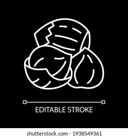 Hazelnuts white linear icon for dark theme. Fresh nuts for diet. Nutrient dietary food. Thin line customizable illustration. Isolated vector contour symbol for night mode. Editable stroke