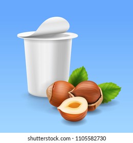 Hazelnuts and yogurt package Realistic vector icon