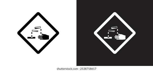 Placa isolada corrosiva Hazmat. Ícone de substâncias corrosivas, Ícone de vetor de sinais de materiais perigosos. Ícone de rótulo da ilustração vetorial de sinal de perigo em plano de fundo preto e branco. Ícone de sinal de perigo.