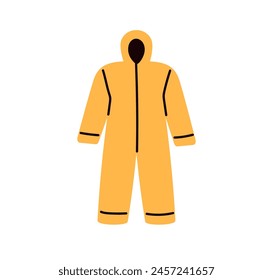 Hazmat suit. Protective safety overalls. Industrial workers jumpsuit, outfit with hood. PPE, personal protection equipment against toxic hazards. Flat vector illustration isolated on white background