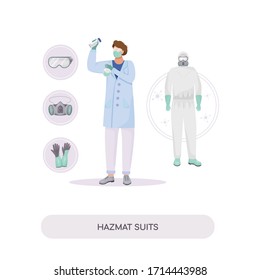 Hazmat suits flat concept vector illustration. Radiation protection, workwear. Chemist in gloves and protective goggles 2D cartoon character for web design. Protective clothing creative idea