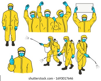 Hazmat suits vector character set, concept of fight against Coronavirus or Covid-19, standing full length, holding and raising fists in the air, thumb up, cleaning, and hold blank banner.