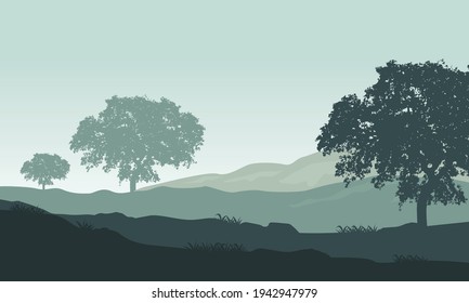 A hazy morning atmosphere with views of the mountains and shady trees around it. Vector illustration