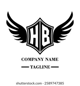 HB A bold winged shield emblem with customizable initials A-Z. Sleek black-and-white vector, perfect for branding, sports teams, motorcycle clubs, gaming,apparel and High-quality
