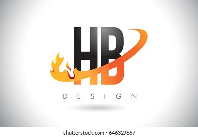 HB H B Letter Logo Design with Fire Flames and Orange Swoosh Vector Illustration.