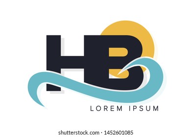 HB letter logo with ocean waves and sunset. Beach concept design