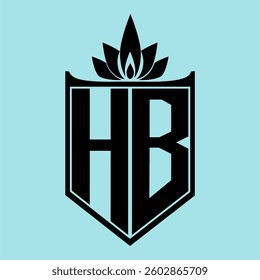 HB Logo featuring a minimalist design with a crown-like flower symbol on top, bold black elements, and a soft blue background, perfect for branding and modern visual identity.