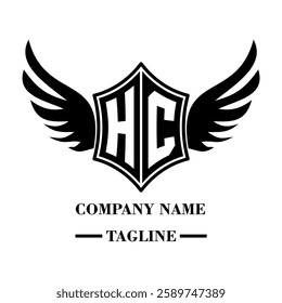 HC A bold winged shield emblem with customizable initials A-Z. Sleek black-and-white vector, perfect for branding, sports teams, motorcycle clubs, gaming,apparel and High-quality
