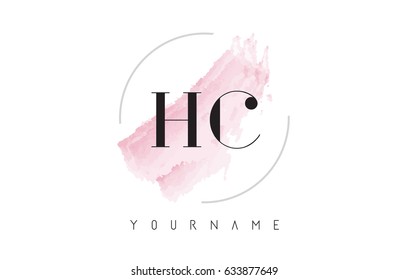 HC H C Watercolor Letter Logo Design with Circular Shape and Pastel Pink Brush.