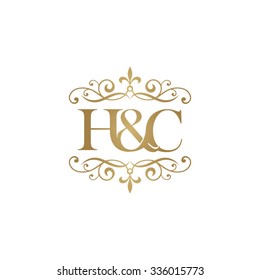H&C Initial logo. Ornament ampersand monogram golden logo