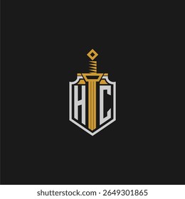 HC monograma inicial para imagem de escudo e espada
