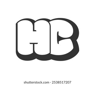 HC logo, bubble comic lettering, rounded in graffiti style black and white silhouette. Trendy preschool H and C letter text for festival party, personal initials, children funky print and web CH