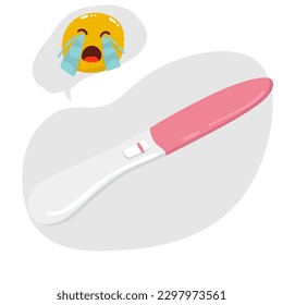 HCG Pregnancy test with negative result, one strip or stick meaning not pregnant woman. Flat vector illustration isolated on white background Emotions upset because the pregnancy test is negative,
