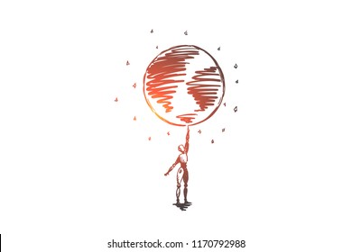 HCI, automation, technology, globally, world, data concept. Hand drawn robot holds Earth globe on finger concept sketch. Isolated vector illustration.