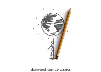 HCI, automation, technology, globally, world, data concept. Hand drawn robot holds Earth globe on finger concept sketch. Isolated vector illustration.