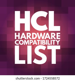 HCL - Hardware Compatibility List is a database of hardware models and their compatibility with a certain operating system, acronym technology concept background