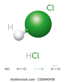 HCl. Hydrogen chloride. Molecule model, chemical formula, ball-and-stick model, geometric structure and structural formula. Hydrogen halide. Hydrochloric acid. Illustration on white background. Vector