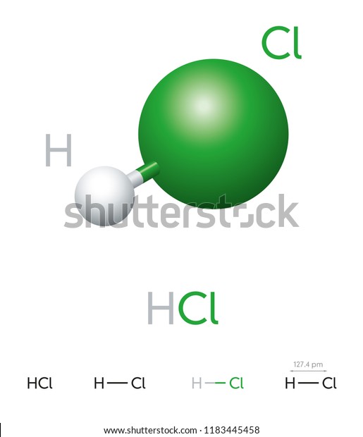 HCl.  Hydrogen chloride.  Molecule model, chemical formula, ball-and-stick model, geometric structure and structural formula.  Hydrogen halide.  Hydrochloric acid.  Illustration on white background.  Vector