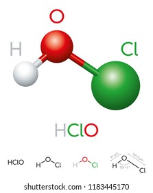 HClO. Hypochlorous acid. Molecule model, chemical formula, ball-and-stick model, geometric structure and structural formula. Weak acid and disinfection agent. Illustration on white background. Vector.