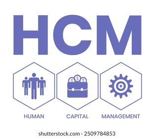 HCM - acrônimo de Human Capital Management. plano de fundo do conceito de negócios. Ilustração vetorial para banner de site, materiais de marketing, apresentação de negócios, publicidade online