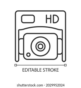 HD bottom camera linear manual label icon. High definition video. Thin line customizable illustration. Contour symbol. Vector isolated outline drawing for product use instructions. Editable stroke