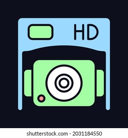 HD bottom camera RGB color manual label icon for dark theme. Professional drone. Isolated vector illustration on night mode background. Simple filled line drawing on black for product use instructions