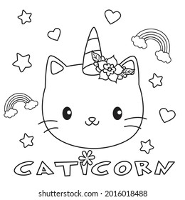 HD caticorn or cat unicorn coloring pages for children kids and adults. Children coloring pages, caticorn coloring pages