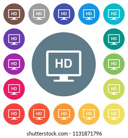 HD display flat white icons on round color backgrounds. 17 background color variations are included.