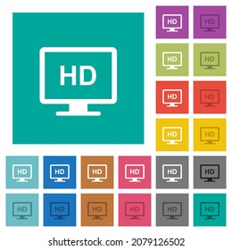 HD display multi colored flat icons on plain square backgrounds. Included white and darker icon variations for hover or active effects.