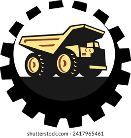 hd dump truck, mining truck illustration logo vector with gear isolated