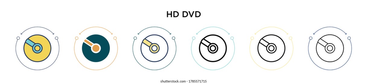 Hd dvd icon in filled, thin line, outline and stroke style. Vector illustration of two colored and black hd dvd vector icons designs can be used for mobile, ui, web