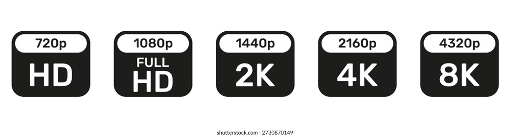 Hd, Full Hd, 2K, 4K, And 8K Quality Symbol Collection. Video Resolution Icons In Silhouette Set. Multimedia And Technology Use. HD Quality Set Icons. Isolated Vector Illustration.