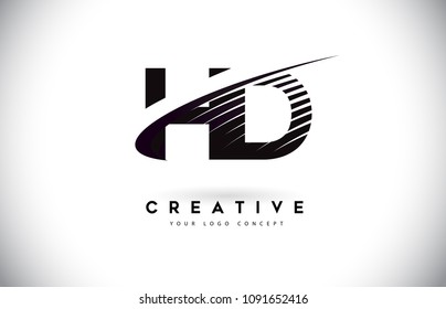 HD H D Letter Logo Design with Swoosh and Black Lines. Modern Creative zebra lines Letters Vector Logo