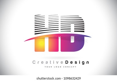 HD H D Letter Logo Design With Creative Lines and Swosh in Purple Brush Color Vector Illustration.